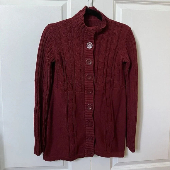 Roots Sweaters - Y2K Roots Burgundy Red Cable Knit Cardigan Womens Medium